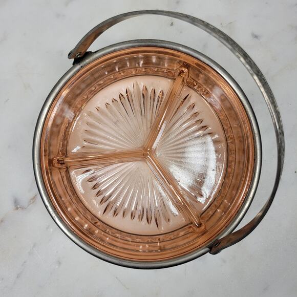 Vintage Pink Depression Handled Trinket Dish 5" Divided Relish Serving Tray - Picture 12 of 12